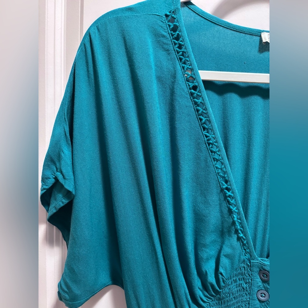 Patrons of Peace Wide Leg Jumpsuit deep V Neck Smocked Pockets Teal Green - Picture 4 of 14